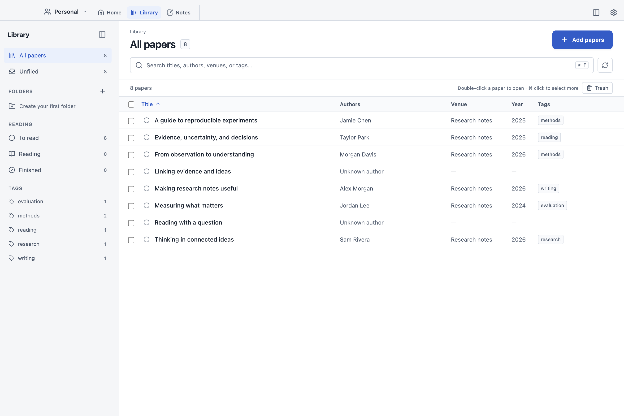 Clasp library with paper titles, authors, venues, tags, and reading status
