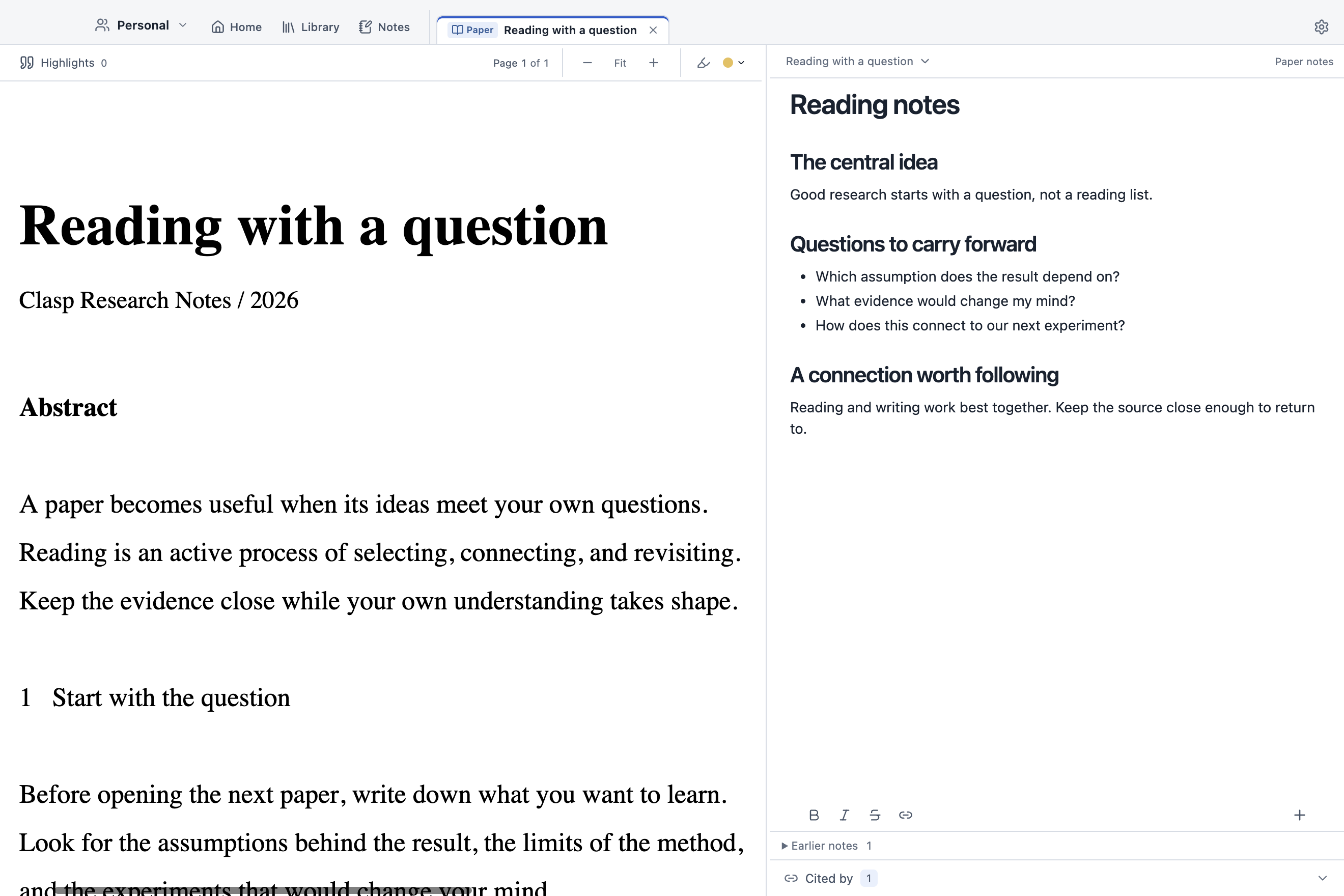 Clasp reading workspace with a research PDF beside its Markdown notes