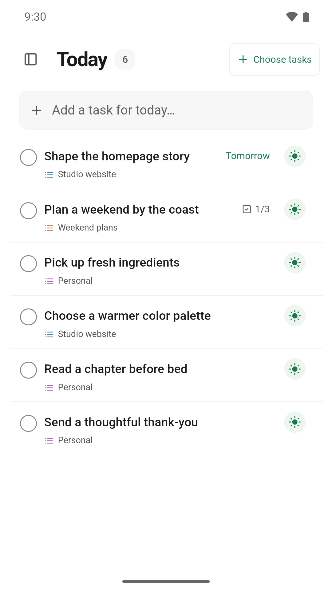 GreenDay Today with a short list of personal and project tasks, colored list icons, and green Today suns